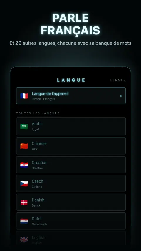 Parle français — Et 29 autres langues, chacune avec sa banque de mots