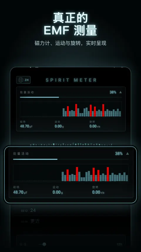 真正的 EMF 测量 — 磁力计、运动与旋转，实时呈现